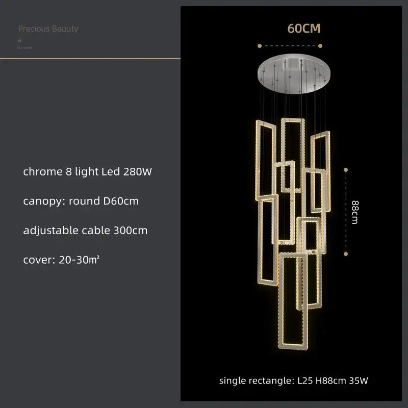 Modern chrome-finished rectangular crystal led pendant light with geometric cascading design and warm glowing lights for stairs decorbites crystal led