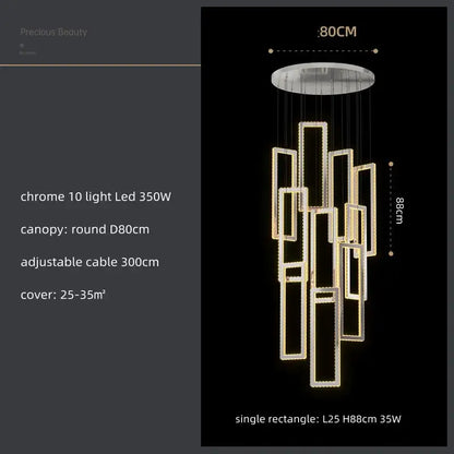 Modern gold rectangular crystal led pendant light with chrome finish and geometric cascading design for stairs decorbites crystal led