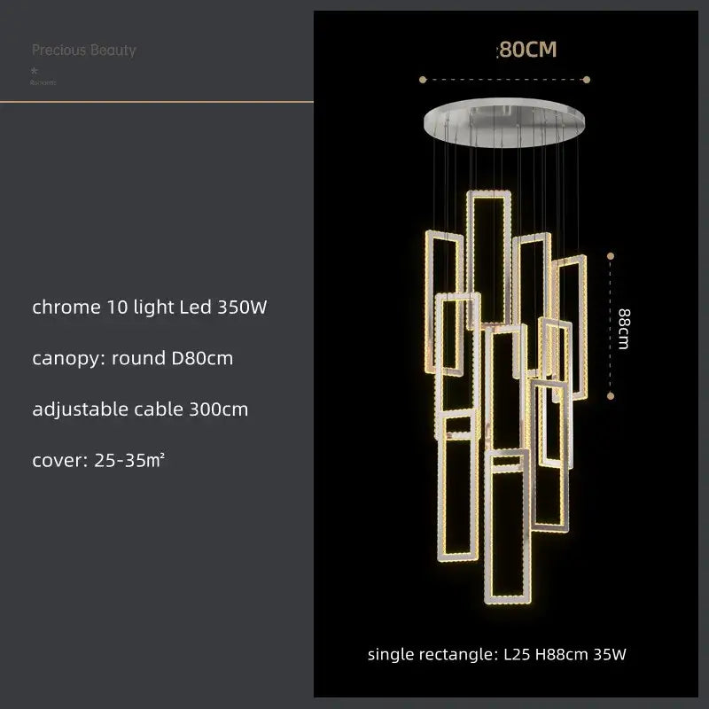 Modern gold rectangular crystal led pendant light with chrome finish and geometric cascading design for stairs decorbites crystal led