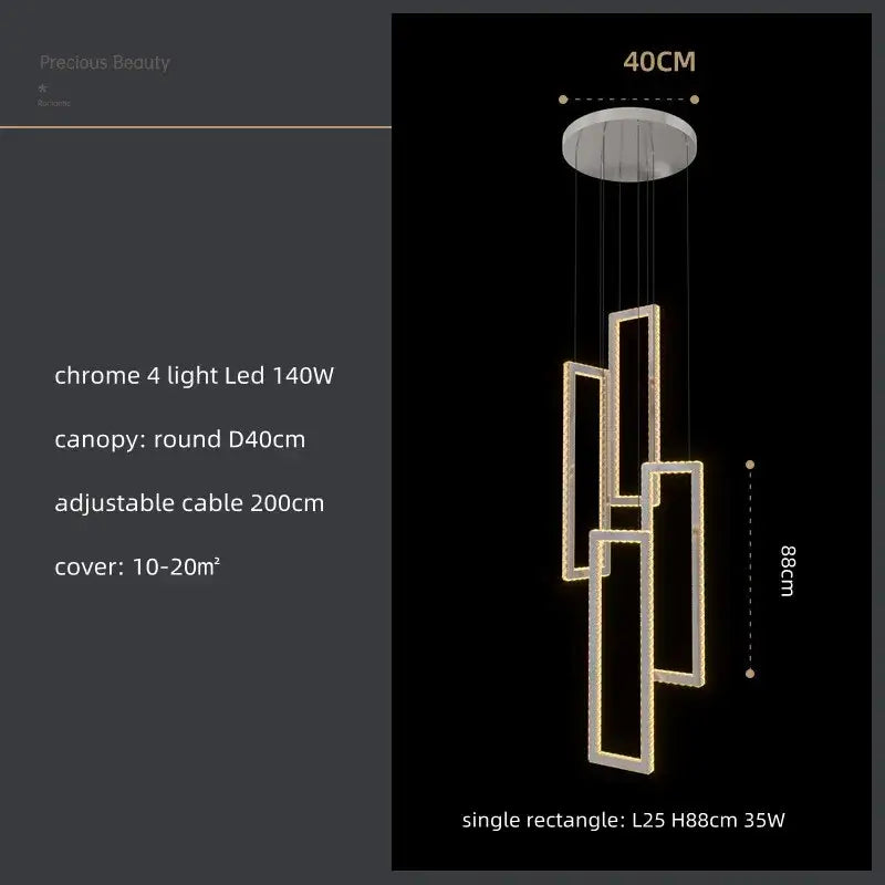 Modern gold rectangular crystal led pendant light with chrome finish and four glowing rectangular led elements for stairs decor