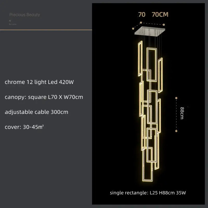 Modern gold rectangular crystal led pendant light with chrome finish and 12 cascading led lights for stairs decorbites crystal led