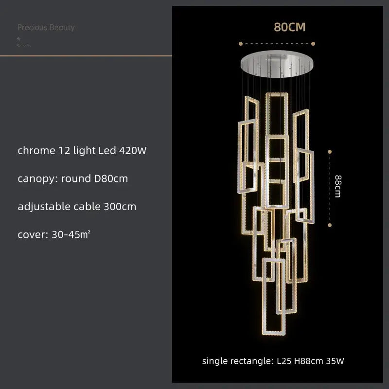 Modern gold rectangular crystal led pendant light with chrome geometric frames and embedded led lights for stairs decorbites crystal led