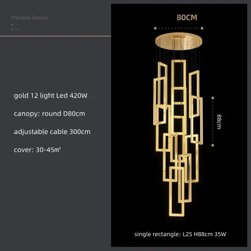 Modern gold rectangular crystal led pendant light with cascading geometric frames and 12 led lights for stairs decorbites crystal led pendant light