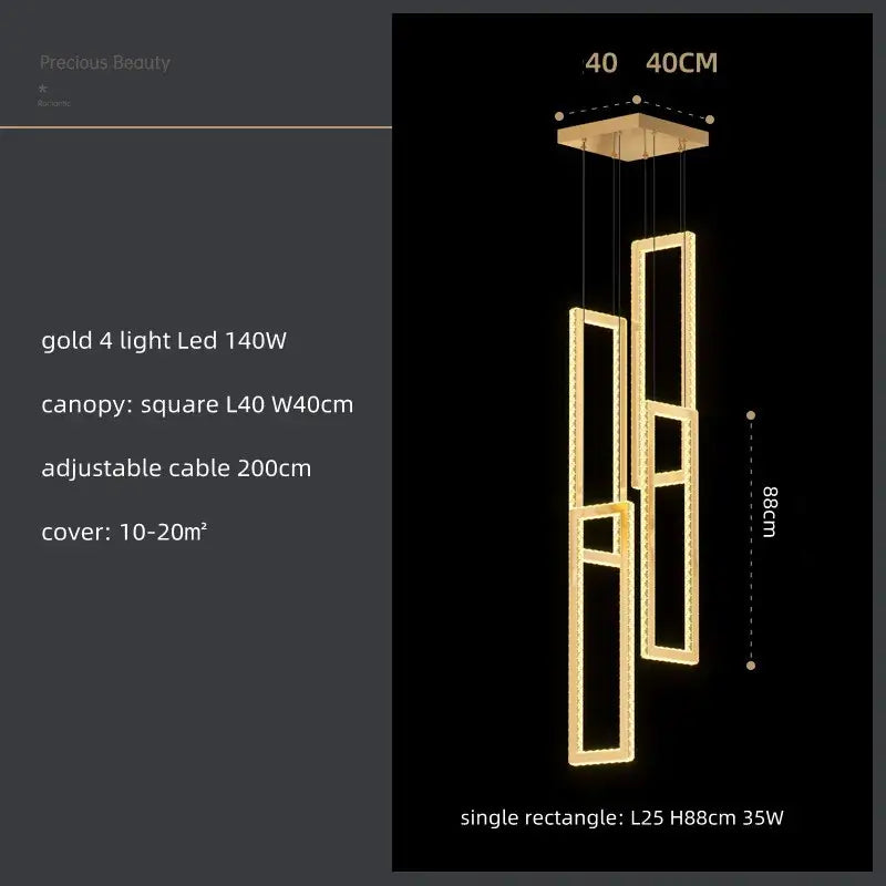 Modern gold rectangular crystal led pendant light with three vertical panels for stairs decorbites crystal led fixture