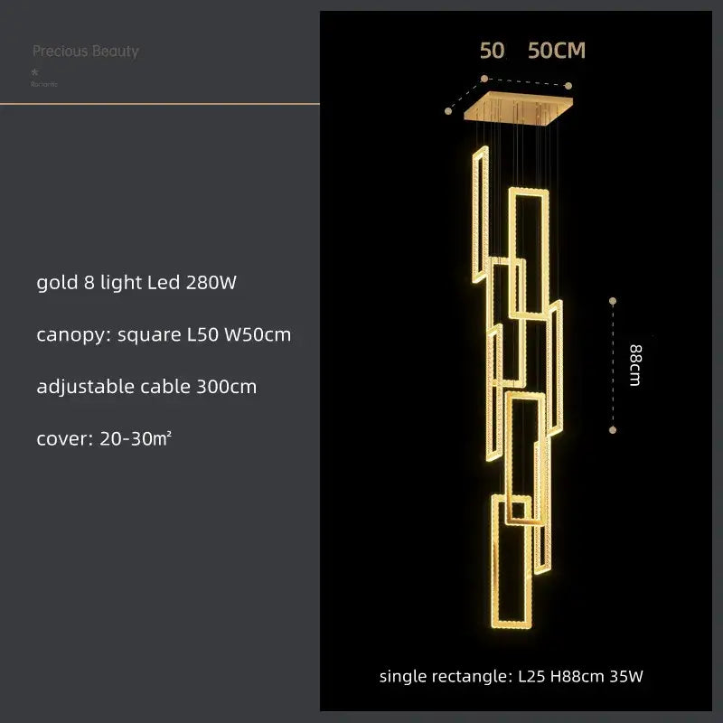 Modern gold rectangular crystal led pendant light with geometric modules suspended from a square canopy for stairs decorbites crystal led pendant