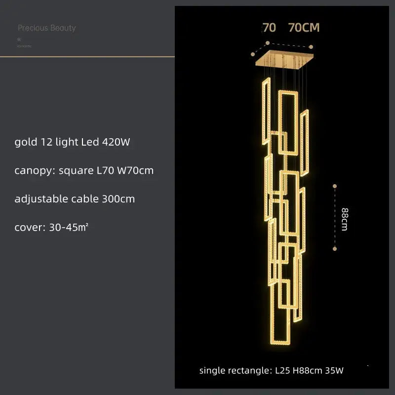 Modern gold rectangular crystal led pendant light with geometric cascading modules for stairs decorbites crystal led