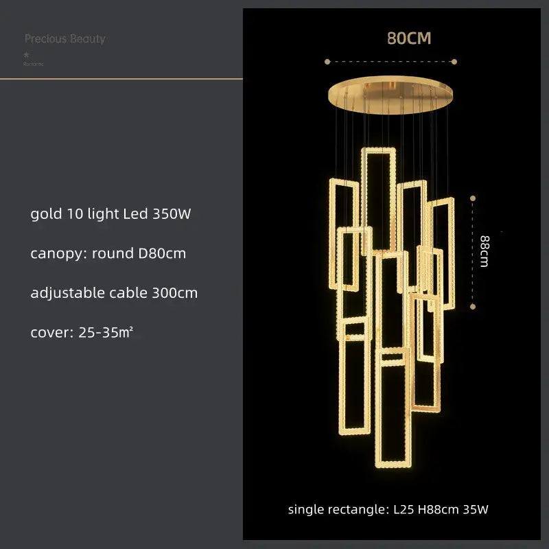 Modern gold rectangular crystal led pendant light with ten cascading rectangular led fixtures ideal for stairs decorbites crystal led pendant light