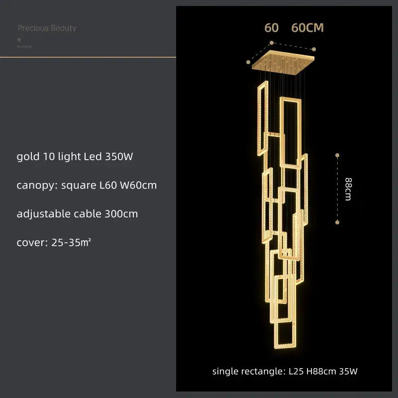 Modern gold rectangular crystal led pendant light with geometric cascading design and ten LED lights for stairs decorbites crystal led