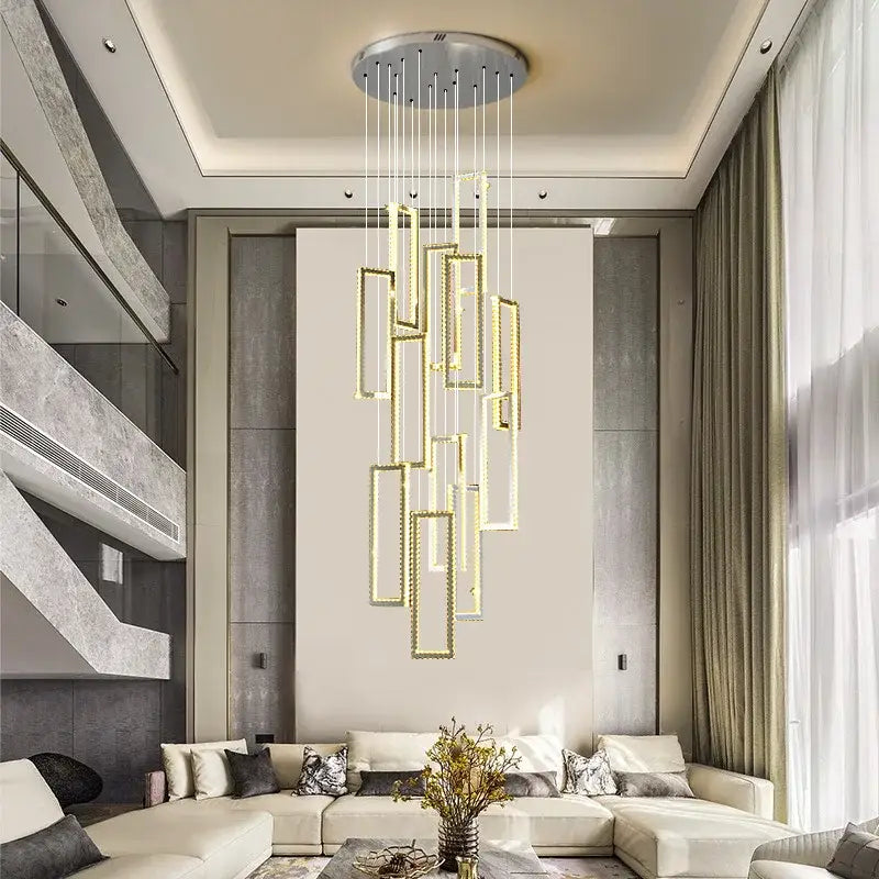 Modern gold rectangular crystal led pendant light with geometric design hanging from circular ceiling mount ideal for stairs decorbites crystal led
