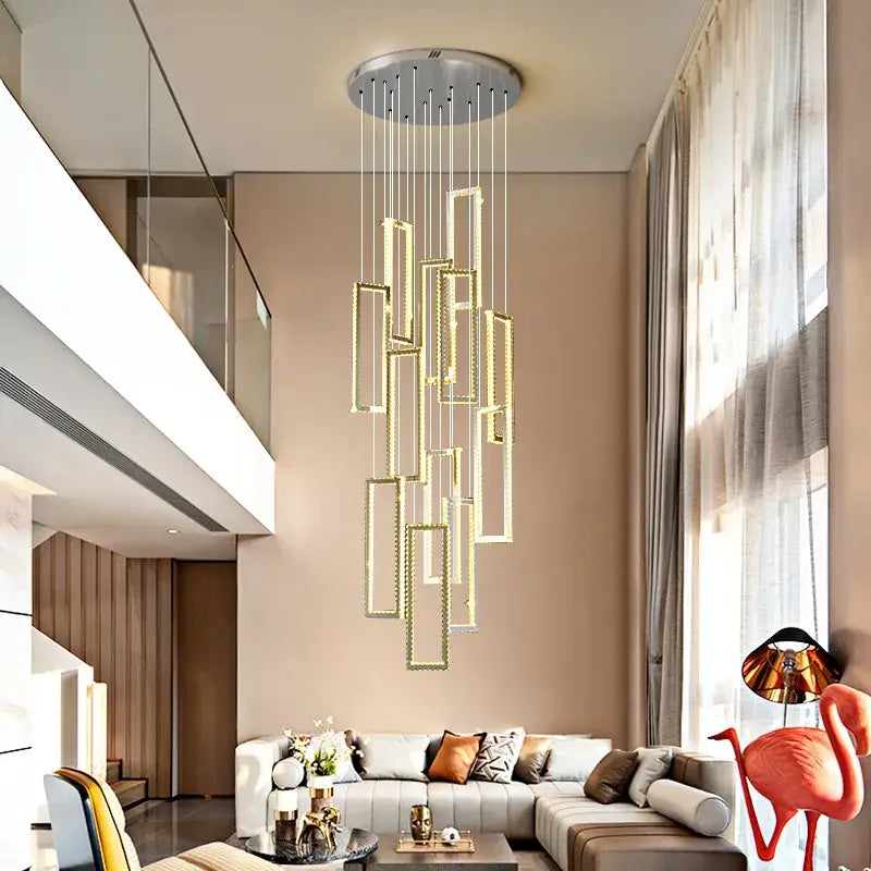 Modern gold rectangular crystal led pendant light with sleek minimalist design hanging from circular ceiling mount