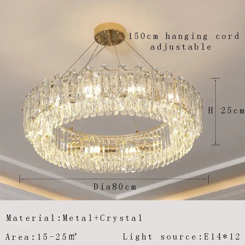 Modern gold rectangular crystal pendant chandelier featuring double-tiered clear glass prisms by decorbites crystal pendant