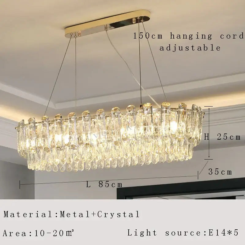 Modern gold rectangular crystal pendant chandelier with cascading clear droplets by decorbites for dining room decor
