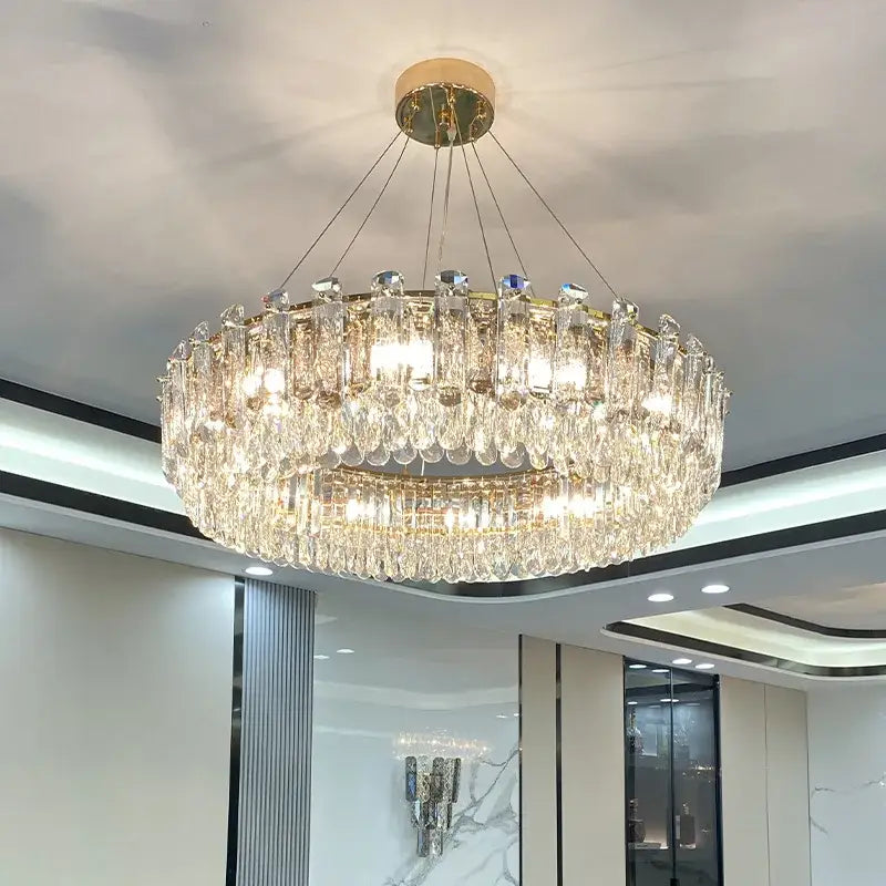 Modern gold rectangular crystal pendant chandelier with double-tiered decorbites crystal prisms for dining room light