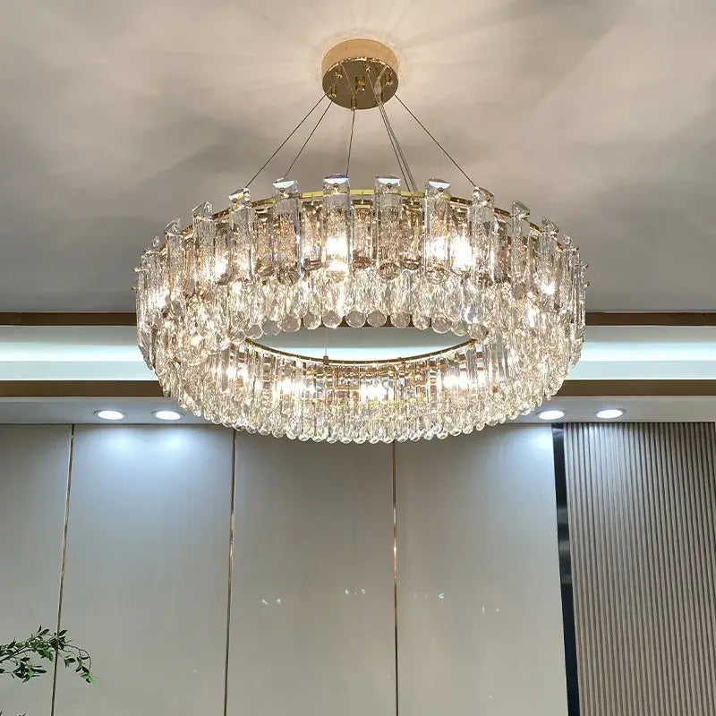 Modern gold rectangular crystal pendant chandelier featuring a double-tier decorbites crystal pendant design for dining room decor