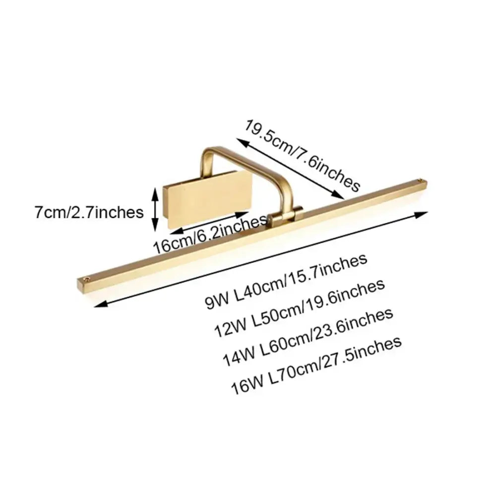 Modern gold rectangular led vanity light with sleek metal bar and integrated handle for bathroom wall mounting