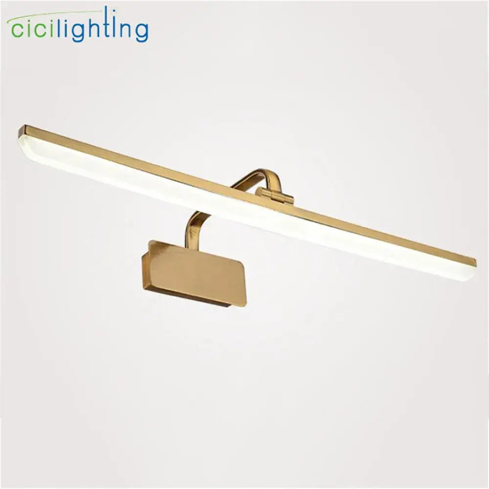 Modern gold rectangular led vanity lights with a sleek finish and minimalist mounting brackets for bathroom walls