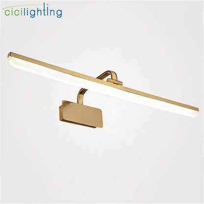 Modern gold rectangular led vanity lights with a sleek finish and minimalist mounting brackets for bathroom walls