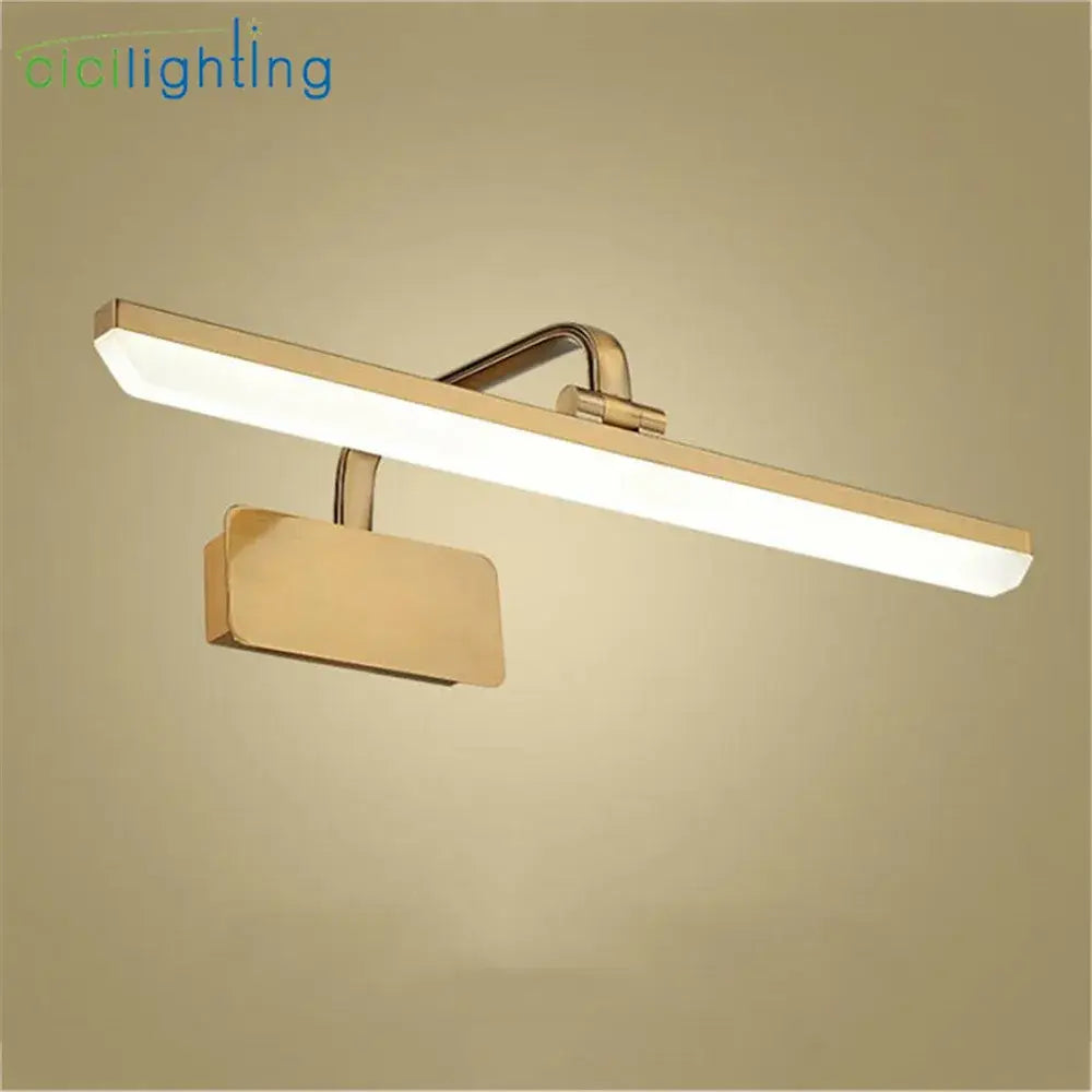 Modern gold rectangular led vanity light with sleek design and curved mounting bracket for bathroom wall use