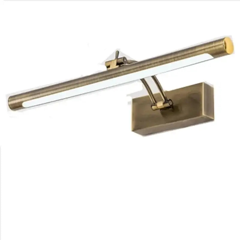 Antique brass-finished wall-mounted vanity mirror light with adjustable arm and sleek rectangular led design for bathroom use