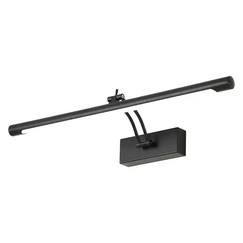 Modern black matte vanity mirror light with sleek rectangular base and elongated cylindrical bar for bathroom use