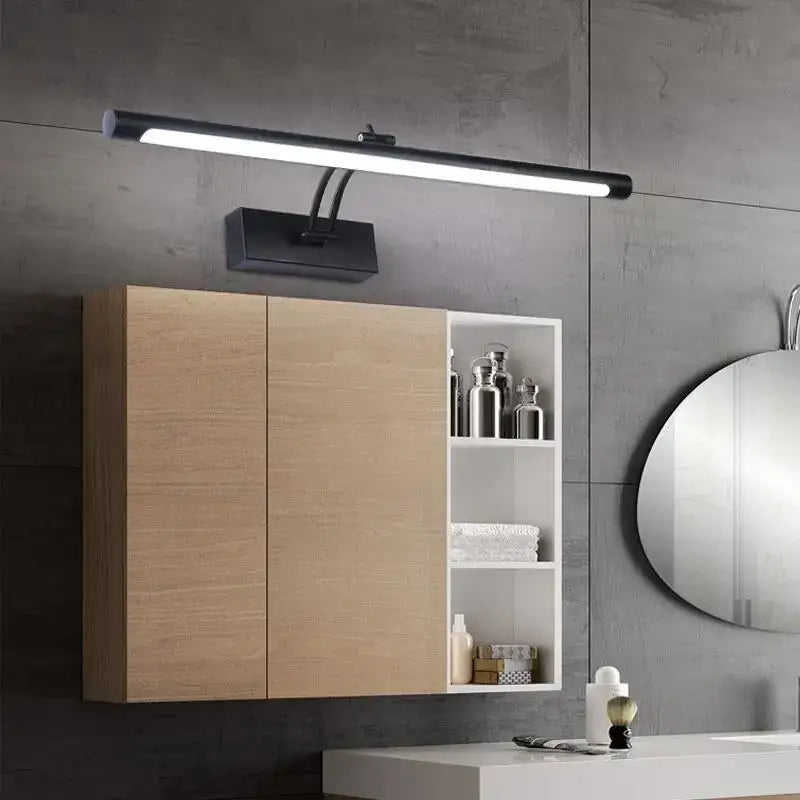 Modern gold rectangular vanity mirror light with sleek black led light and adjustable arm for bathroom fixture