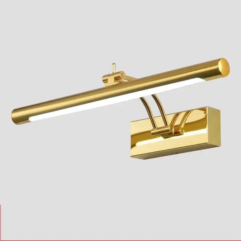 Gold-finished modern rectangular vanity mirror light with integrated LED strip for bathroom fixture lighting