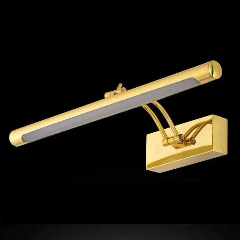 Modern gold rectangular led vanity mirror light with sleek elongated design and curved support arms wall mounted fixture