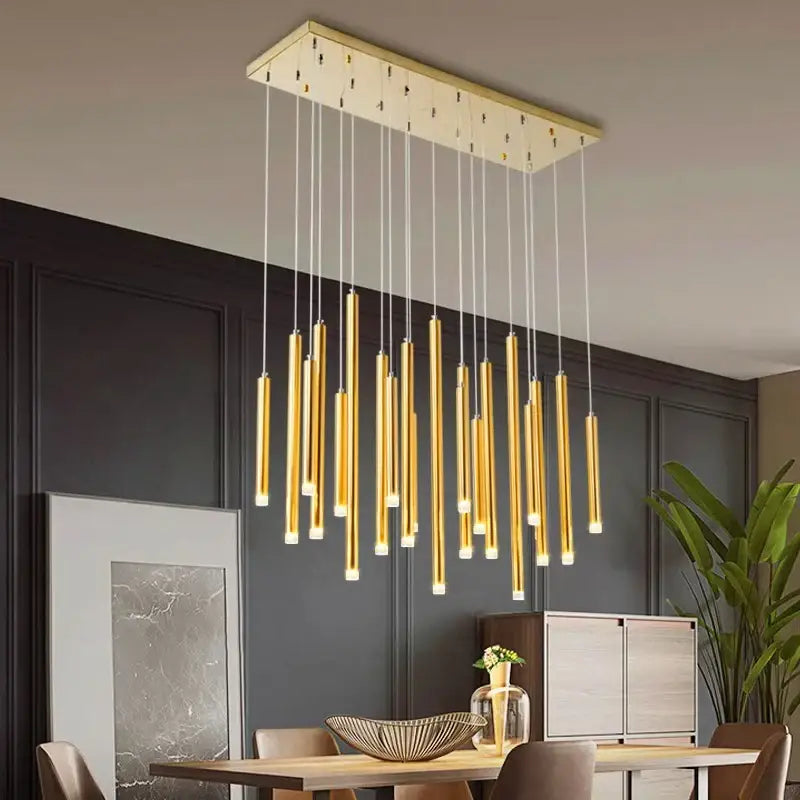 Modern gold rectangular pendant lights featuring multiple cylindrical pendants by decorbites elegant chandelier for dining room decor