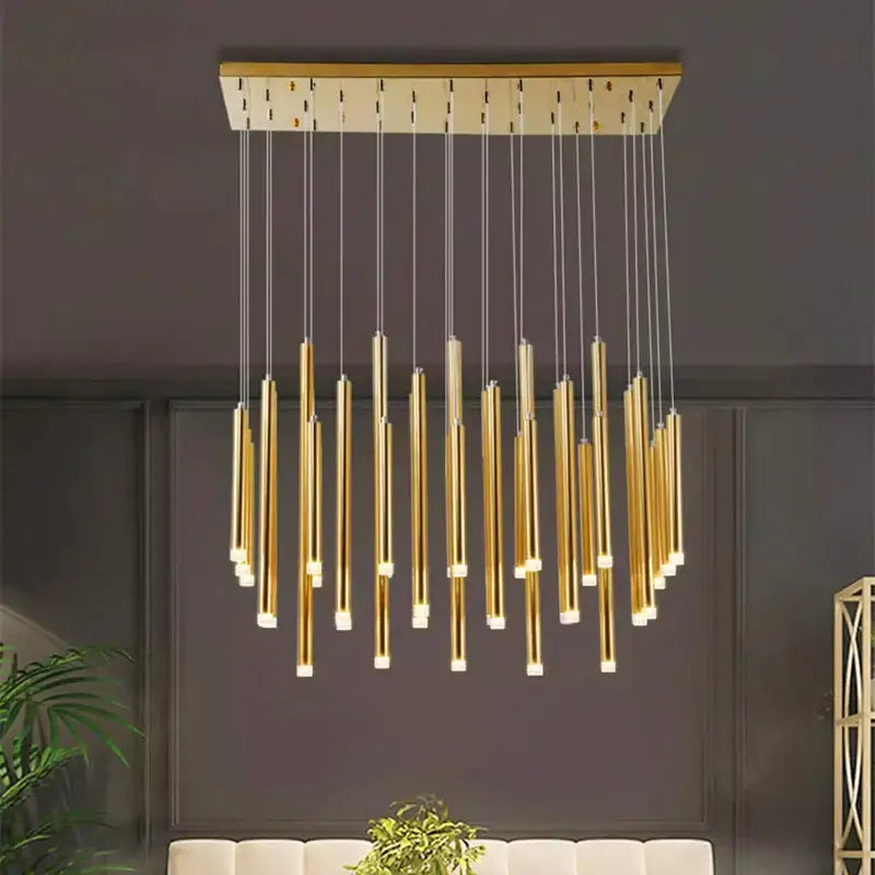 Modern gold rectangular pendant lights with slender vertical rods and rectangular ceiling mount for dining room decorbites elegant chandelier