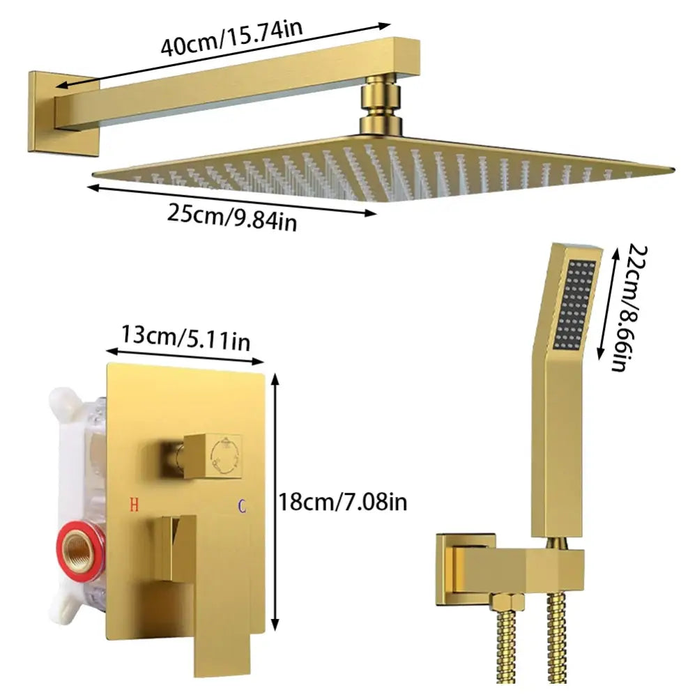 Modern gold rectangular rainfall shower head with multiple nozzles and sleek design for a luxurious shower experience