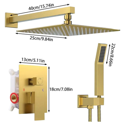 Modern gold rectangular rainfall shower head with multiple nozzles and sleek design for a luxurious shower experience