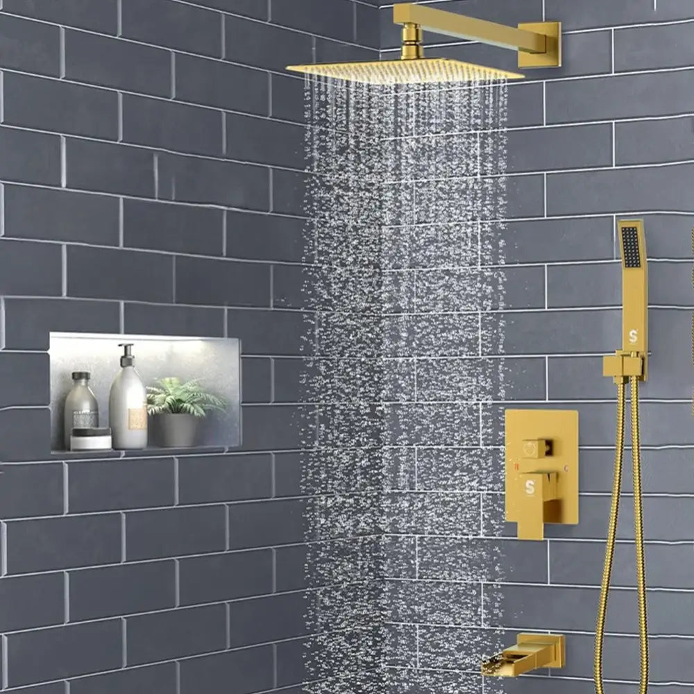 Modern gold rectangular rainfall shower head set with matching handheld shower and faucet fixtures for bathroom use