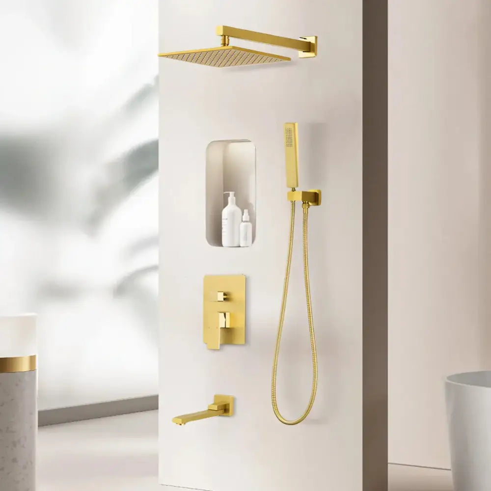 Modern gold rectangular rainfall shower head with a gold-finished square rainfall shower mounted on the wall