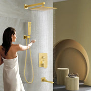 Modern gold rectangular rainfall shower head with matching handheld shower and faucet assembly in gold tone