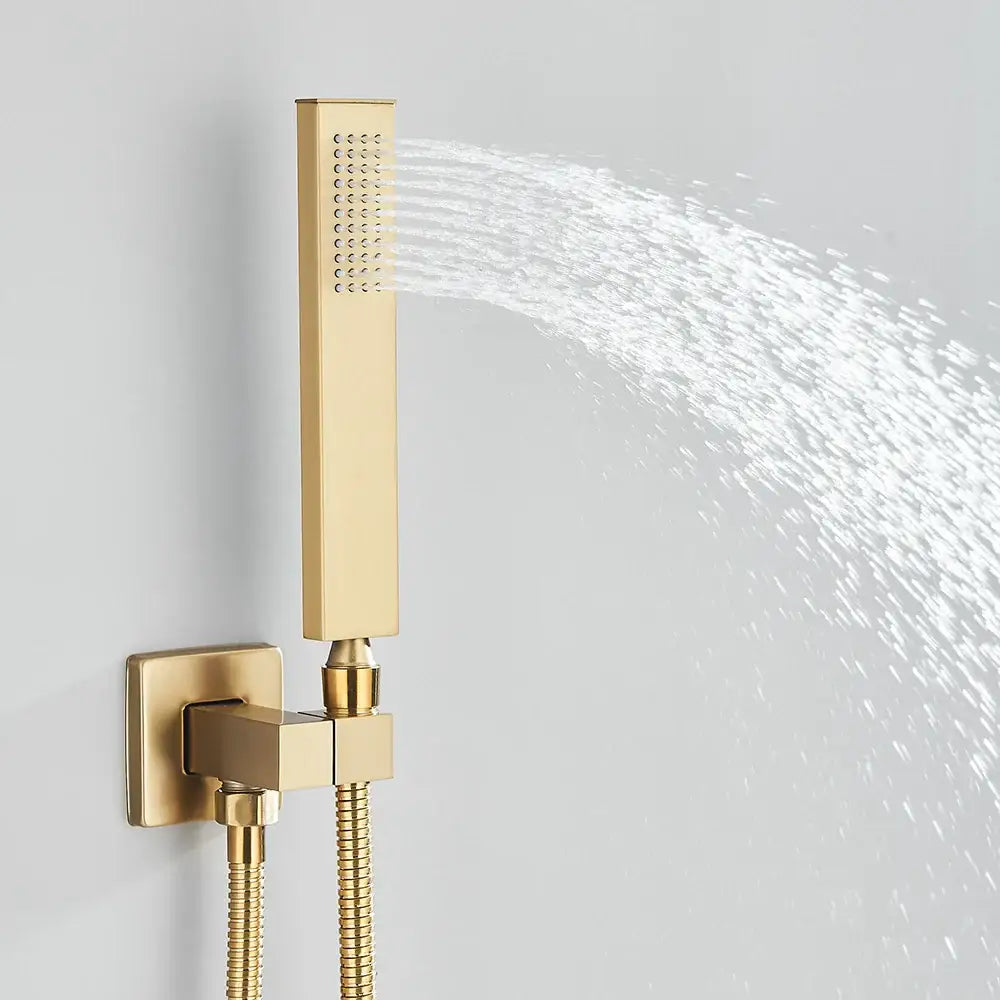 Modern gold rectangular rainfall shower system with sleek design and multiple nozzles releasing water flow