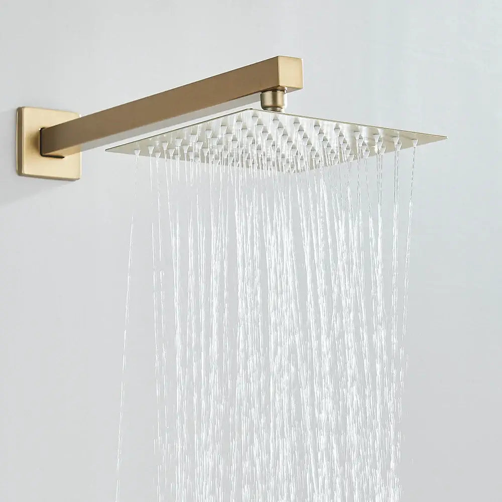 Modern brushed gold rectangular rainfall shower system with sleek minimalist design and multiple water jets for bathroom use