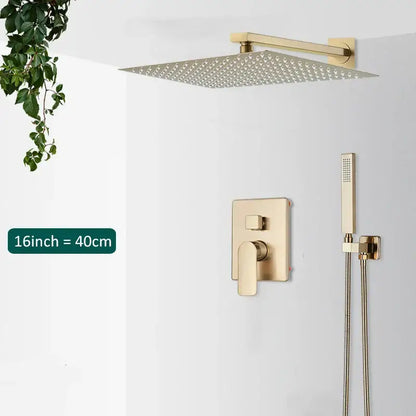 Modern gold rectangular rainfall shower system featuring a gold-toned square rain shower head with textured surface