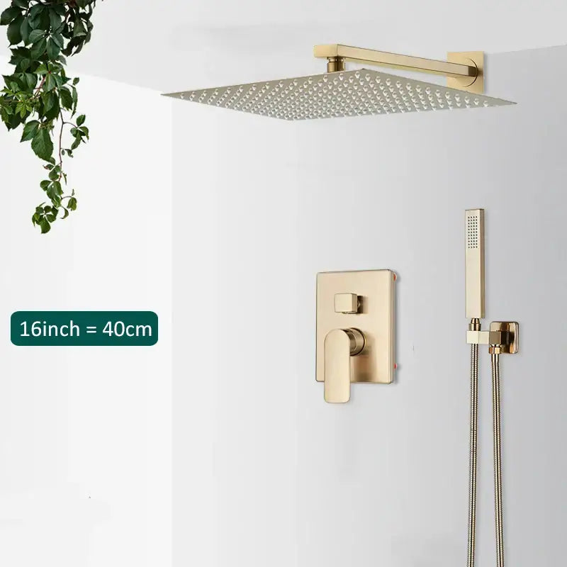 Modern gold rectangular rainfall shower system featuring a gold-toned square rain shower head with textured surface
