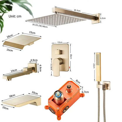 Modern gold rectangular rainfall shower system featuring a gold-toned square showerhead with multiple spray nozzles