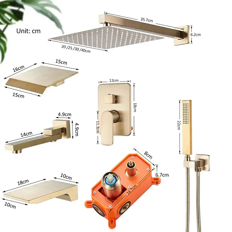 Modern gold rectangular rainfall shower system featuring a gold-toned square showerhead with multiple spray nozzles