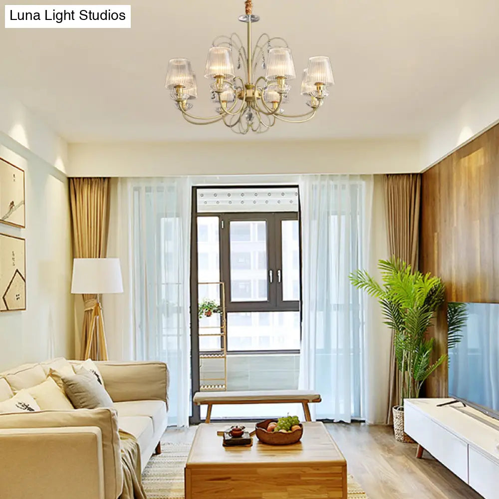 Lámpara de techo colgante moderna de cristal acanalado dorado con 6/8/10 luces - Elegante lámpara para sala de estar