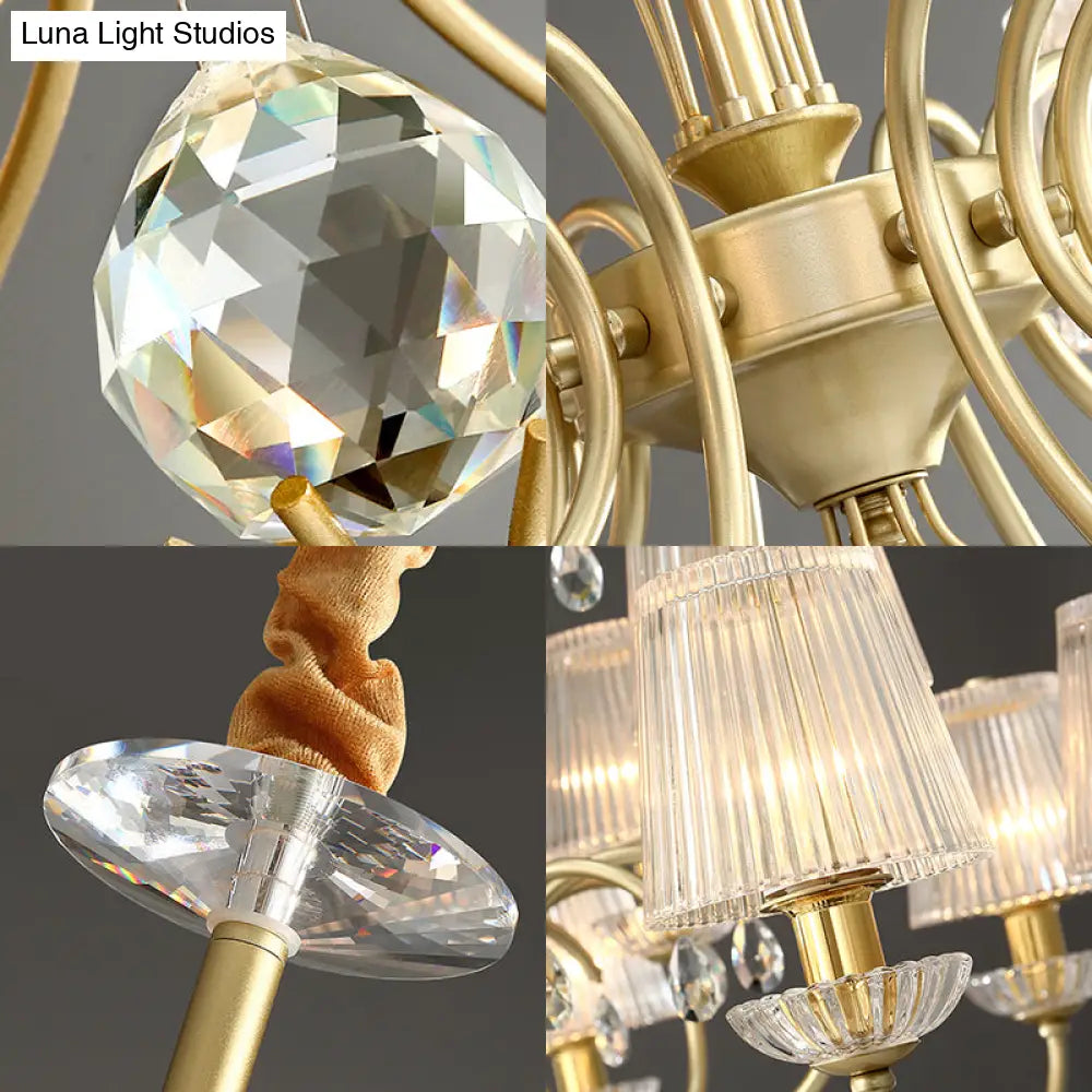 Lámpara de techo colgante moderna de cristal acanalado dorado con 6/8/10 luces - Elegante lámpara para sala de estar