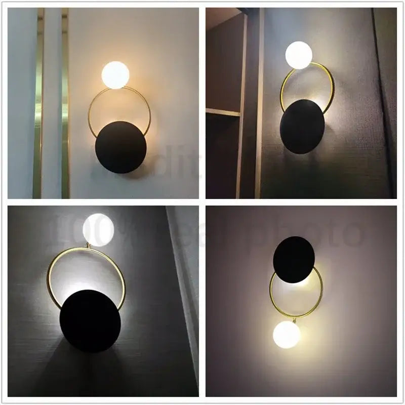 Modern gold wall lamp with sleek circular frame and black and white glass ball g4 round bulbs for bedroom decorbites