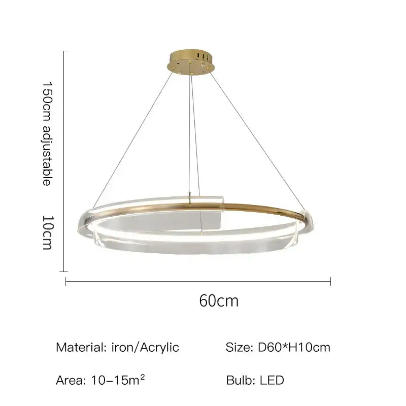 Modern gold ring chandelier pendant light with a gold-toned iron frame and clear acrylic rings by decorbites