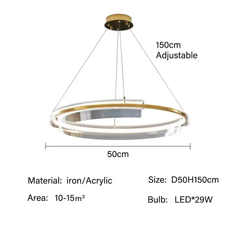 Modern gold ring chandelier pendant light with sleek metallic finish, transparent acrylic rings, and adjustable 150cm height