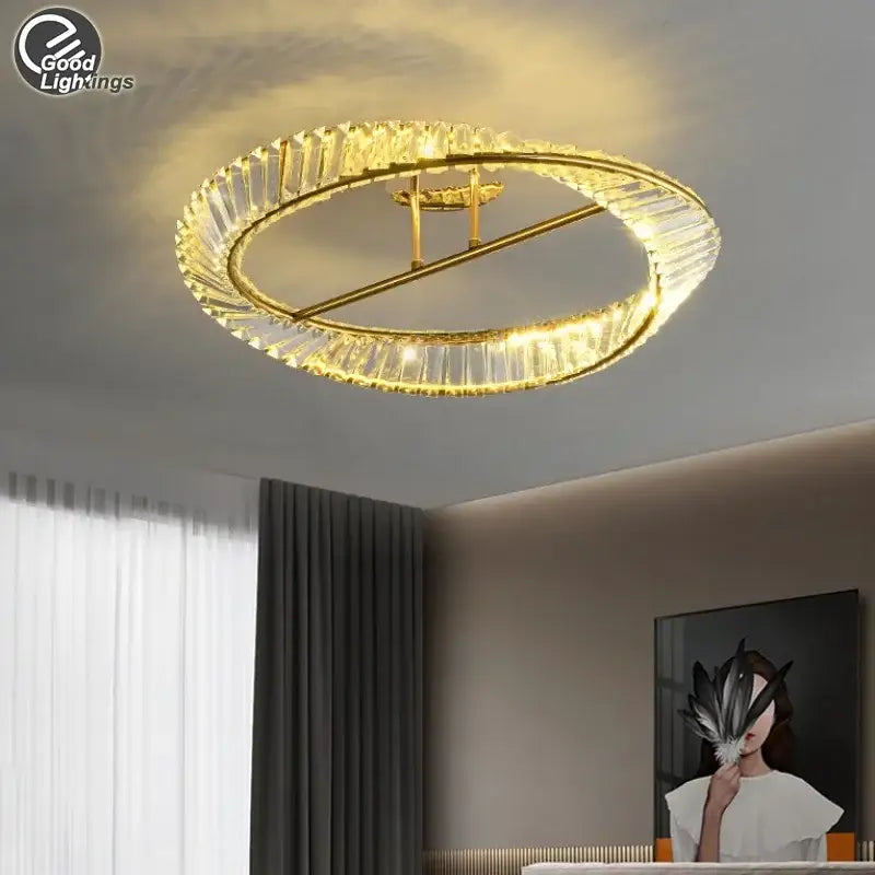 Modern gold ring crystal led ceiling chandelier featuring a gold-toned double-ring design with clear crystal elements