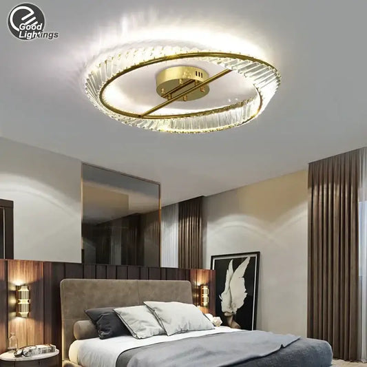 Modern gold ring crystal led ceiling chandelier with gold-toned circular frame and clear faceted crystal accents for living room decorbites gold ring