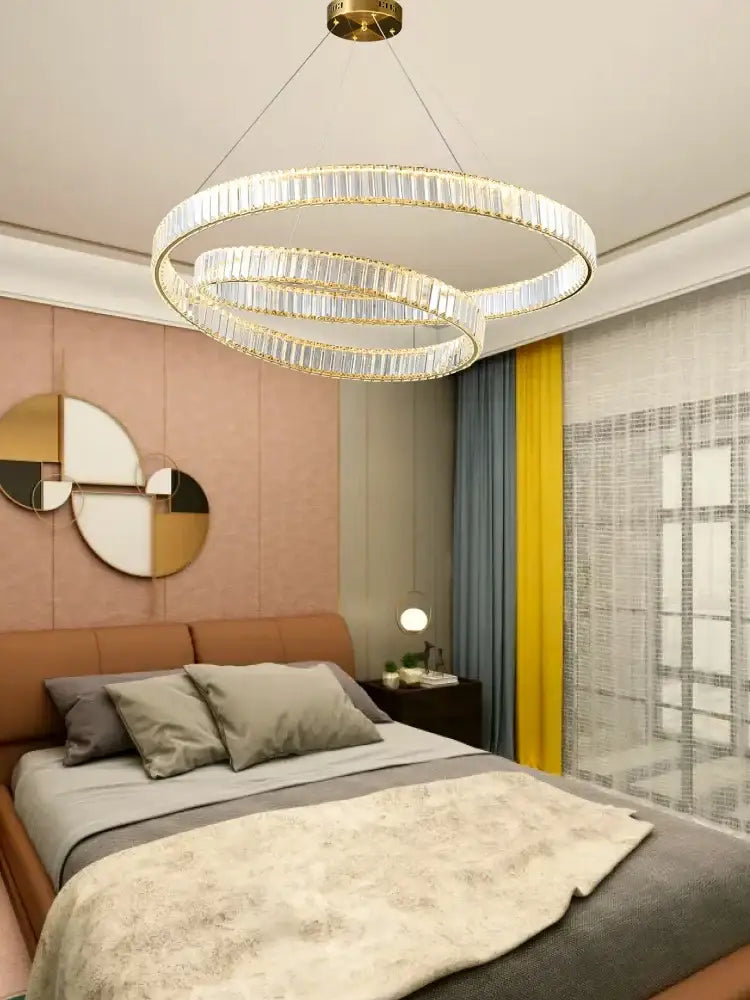 Modern gold ring crystal led pendant light with double-ring gold metal frames and clear crystal elements for living room decorbites crystal led chandelier
