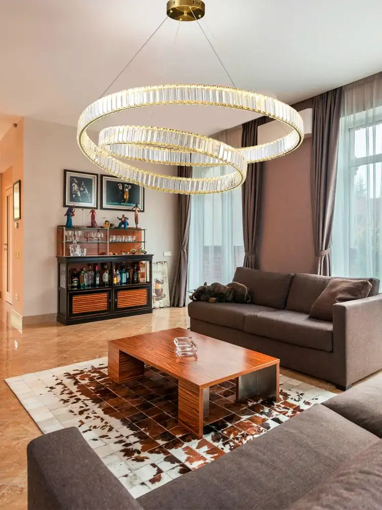 Modern gold ring crystal led pendant light with spiral chandelier design and crystal accents for living room decorbites pendant light