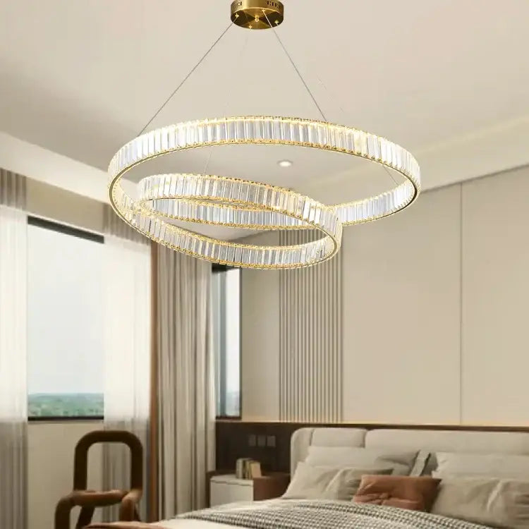 Modern gold ring crystal led pendant light with three concentric rings and faceted crystals for living room decorbites crystal led